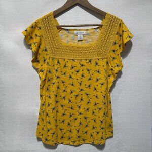 Liz Claiborne Blouse Women's Sm Yellow Short Cap Sleeve Flower Lace Square Neck